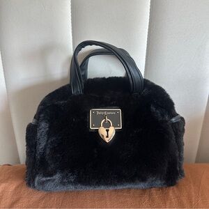 Juicy Couture Black Faux Fur Purse with Gold Heart Lock